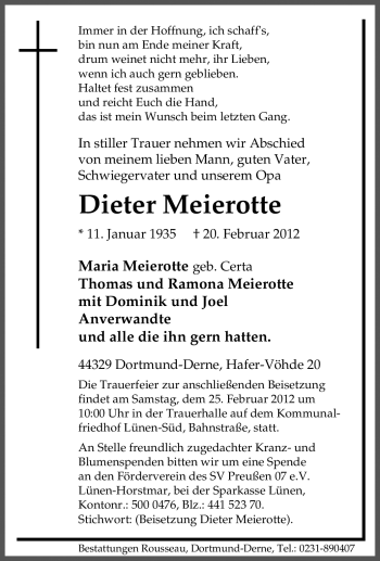 Traueranzeige von Dieter Meierotte von Tageszeitung