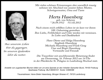 Traueranzeige von Herta Hasenberg von Tageszeitung