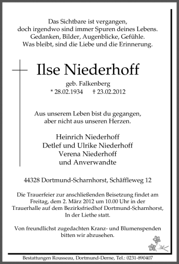 Traueranzeige von Ilse Niederhoff von Tageszeitung