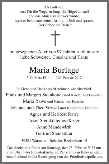 Traueranzeige von Maria Burlage von Tageszeitung