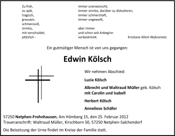 Traueranzeige von Edwin Kölsch von Tageszeitung