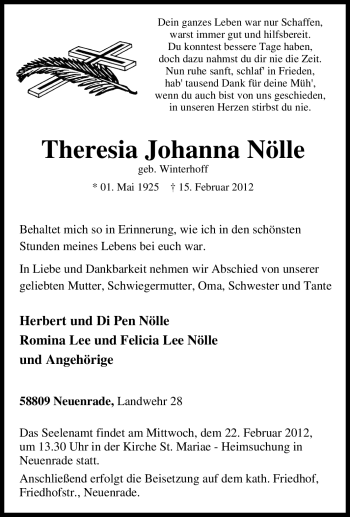 Traueranzeige von Theresia Johanna Nölle von Tageszeitung