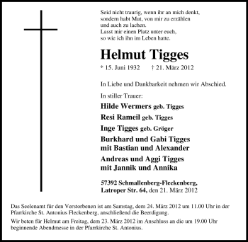 Traueranzeige von Helmut Tigges von Tageszeitung