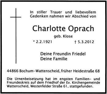 Traueranzeige von Charlotte Oprach von Tageszeitung