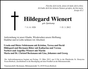 Traueranzeige von Hildegard Wienert von Tageszeitung