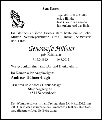 Traueranzeige von Genowefa Hübner von Tageszeitung