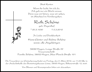 Traueranzeige von Ruth Schöne von Tageszeitung