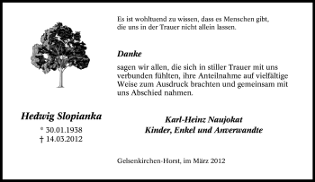 Traueranzeige von Hedwig Slopianka von Tageszeitung