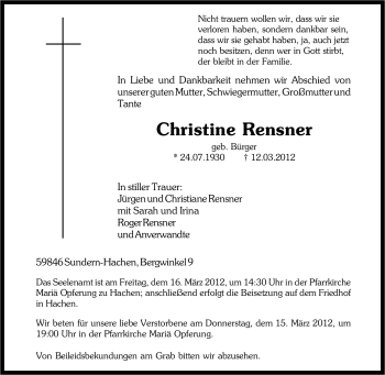 Traueranzeige von Christine Renser von Tageszeitung