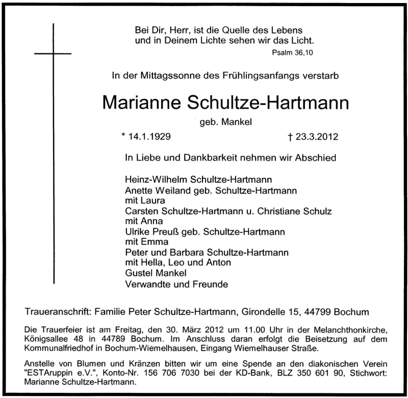  Traueranzeige für Marianne Schultze-Hartmann vom 27.03.2012 aus Tageszeitung
