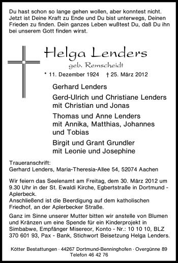 Traueranzeige von Helga Lenders von Tageszeitung