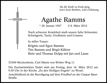 Traueranzeige von Agathe Ramms von Tageszeitung