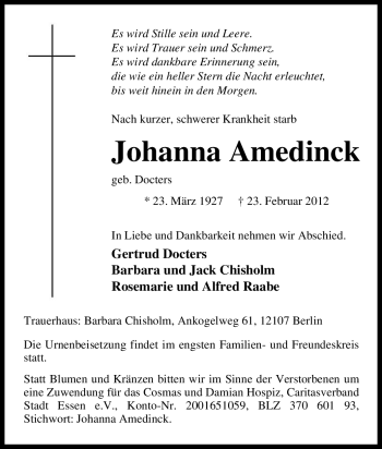 Traueranzeige von Johanna Amedinck von Tageszeitung