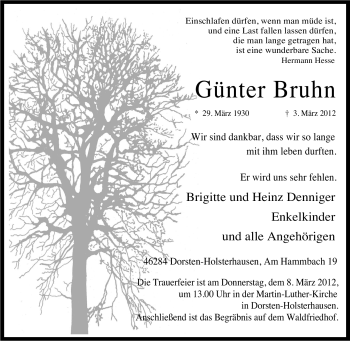 Traueranzeige von Günter Bruhn von Tageszeitung