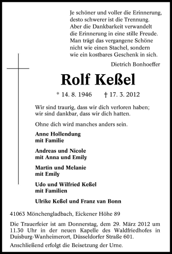 Traueranzeige von Rolf Keßel von Tageszeitung