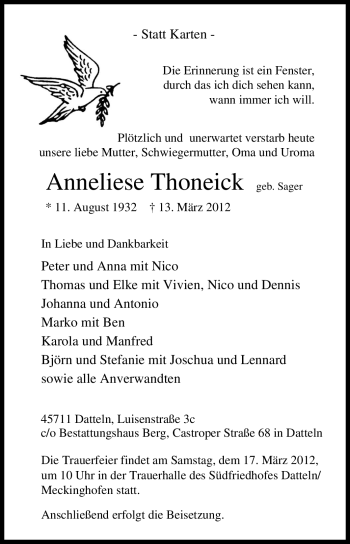 Traueranzeige von Anneliese Thoneick von Tageszeitung