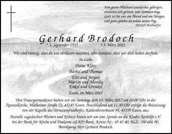 Traueranzeige von Gerhard Brodoch von Tageszeitung
