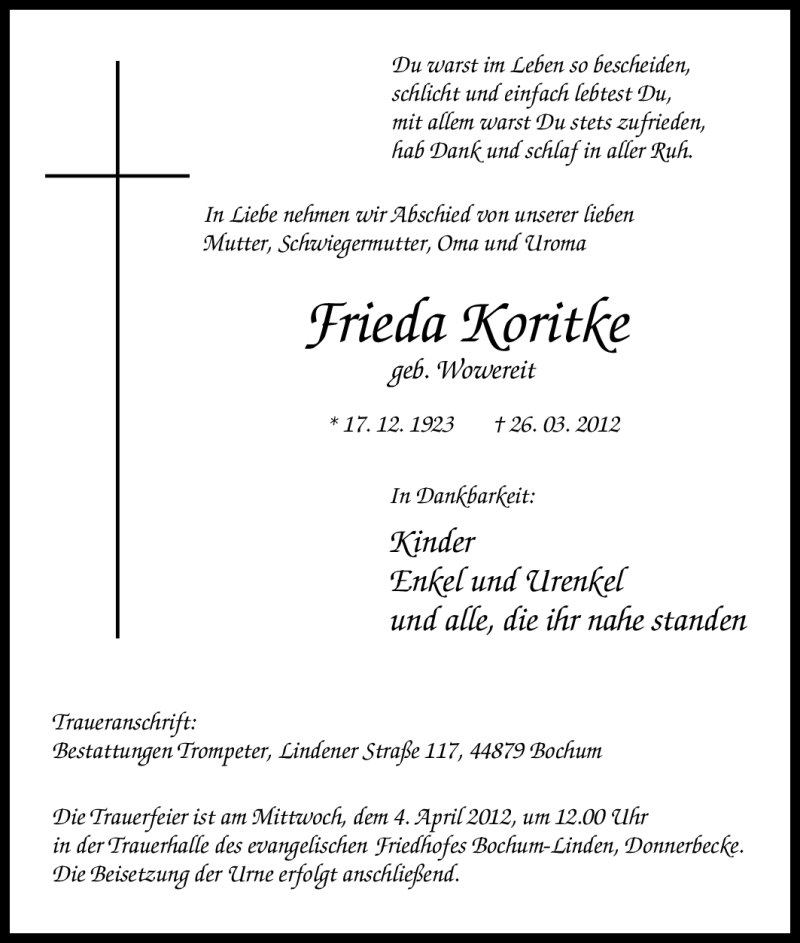  Traueranzeige für Frieda Koritke vom 31.03.2012 aus Tageszeitung