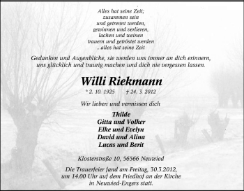 Traueranzeige von Willi Riekmann von Tageszeitung