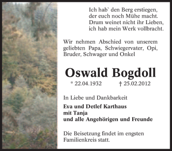 Traueranzeige von Oswald Bogdoll von Tageszeitung