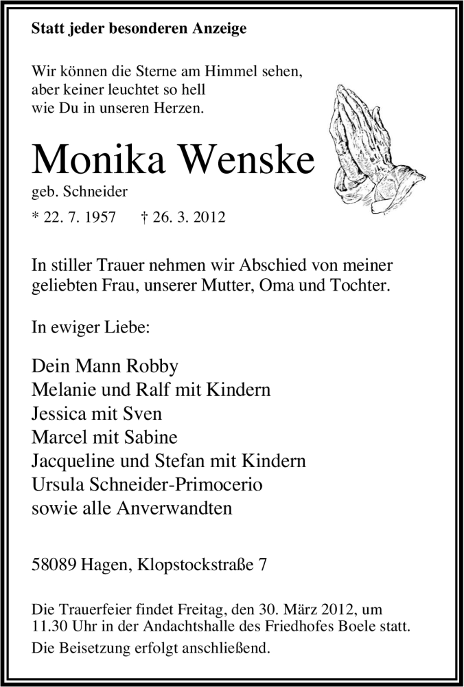 Traueranzeige für Monika Wenske vom 28.03.2012 aus Tageszeitung