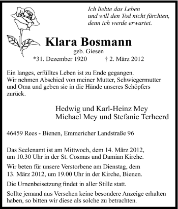Traueranzeige von Klara Bosmann von Tageszeitung