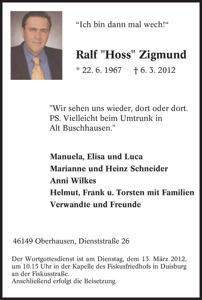  Traueranzeige für Ralf Zigmund vom 09.03.2012 aus Tageszeitung