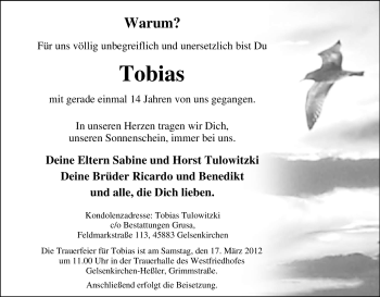 Traueranzeige von Tobias Unbekannt von Tageszeitung