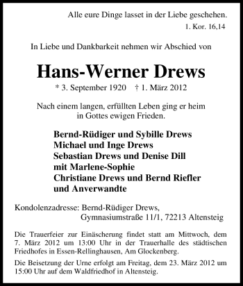 Traueranzeige von Hans-Werner Drews von Tageszeitung
