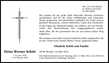 Traueranzeige von Heinz Werner Schött von Tageszeitung