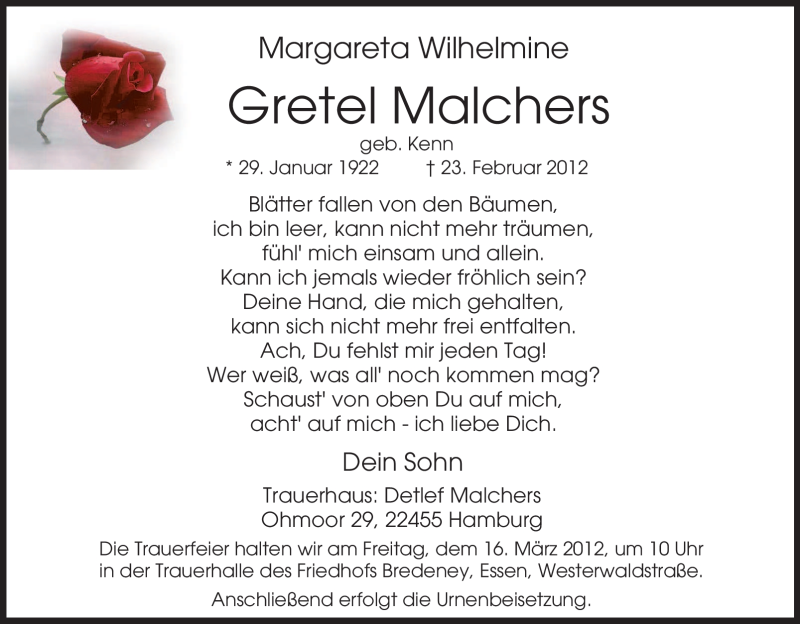  Traueranzeige für Gretel Malchers vom 13.03.2012 aus Tageszeitung
