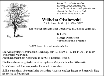 Traueranzeige von Wilhelm Olschewski von Tageszeitung