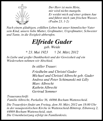 Traueranzeige von Elfriede Guder von Tageszeitung
