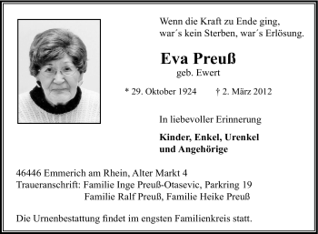 Traueranzeige von Eva Preuß von Tageszeitung