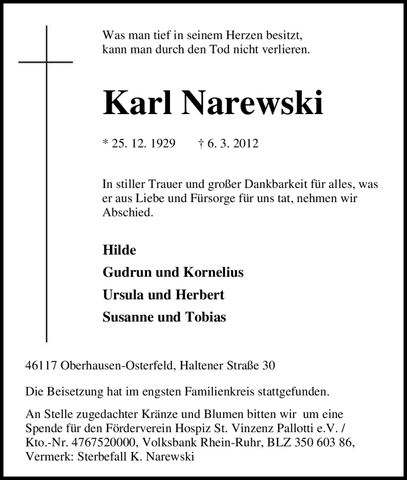  Traueranzeige für Karl Narewski vom 17.03.2012 aus Tageszeitung