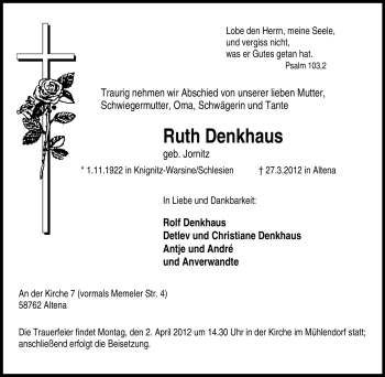 Traueranzeige von Ruth Denkhaus von Tageszeitung