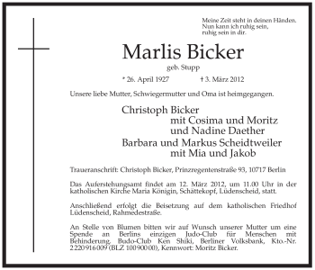Traueranzeige von Marlis Bicker von Tageszeitung