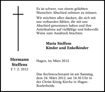 Traueranzeige von Hermann Steffens von Tageszeitung