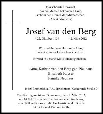 Traueranzeige von Josef van den Berg von Tageszeitung
