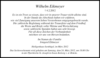 Traueranzeige von Wilhelm Eikmeyer von Tageszeitung