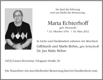 Traueranzeige von Maria Echterhoff von Tageszeitung