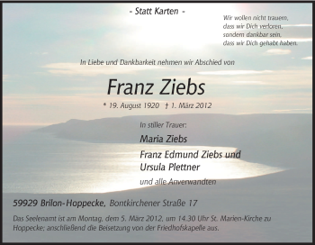 Traueranzeige von Franz Ziebs von Tageszeitung