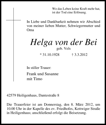 Traueranzeige von Helga Bei von Tageszeitung
