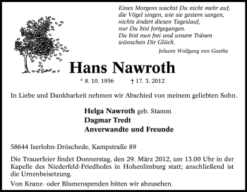 Traueranzeige von Hans Nawroth von Tageszeitung