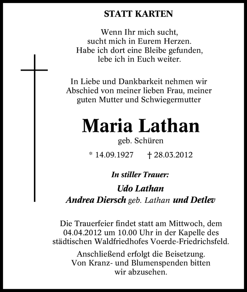  Traueranzeige für Maria Lathan vom 31.03.2012 aus Tageszeitung