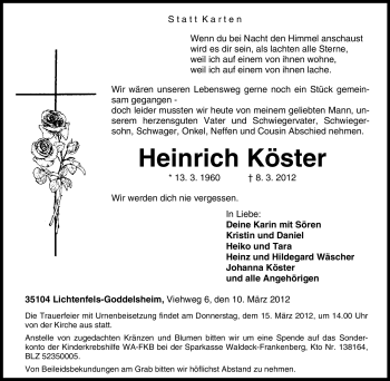 Traueranzeige von Heinrich Köster von Tageszeitung