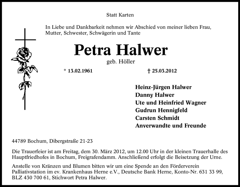  Traueranzeige für Petra Halwer vom 27.03.2012 aus Tageszeitung