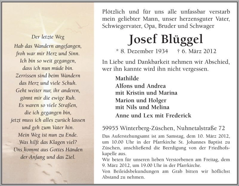  Traueranzeige für Josef Büggel vom 08.03.2012 aus Tageszeitung