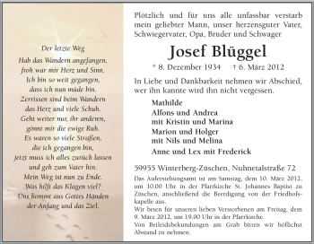 Traueranzeige von Josef Büggel von Tageszeitung