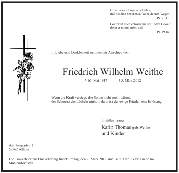 Traueranzeige von Friedrich Wilhelm Weithe von Tageszeitung